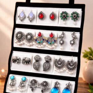 kaimono.in oxidized designer stud earrings set of 12 with folding jewelry box | traditional & modern earring set for women & girls