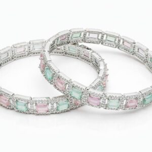 kaimono.in rhodium plated silver toned american diamond square shaped studded bangle jewellery set for girls and women (set of 2)