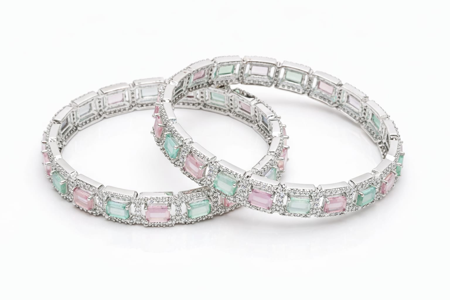 kaimono.in rhodium plated silver toned american diamond square shaped studded bangle jewellery set for girls and women (set of 2) kaimono.in rhodium plated silver toned american diamond square shaped studded bangle jewellery set for girls and women (set of 2)